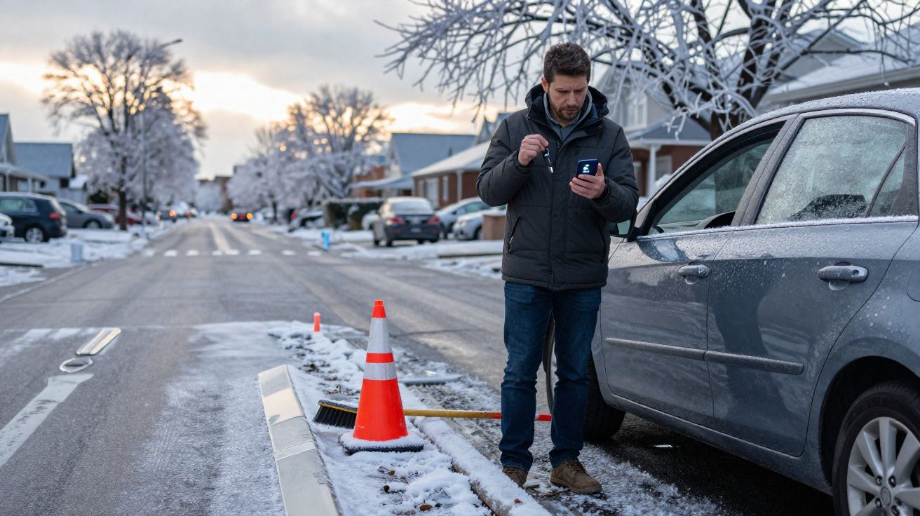 Homem com casaco a usar telemóvel ao lado de carro e cone de sinalização numa rua com neve ao amanhecer.