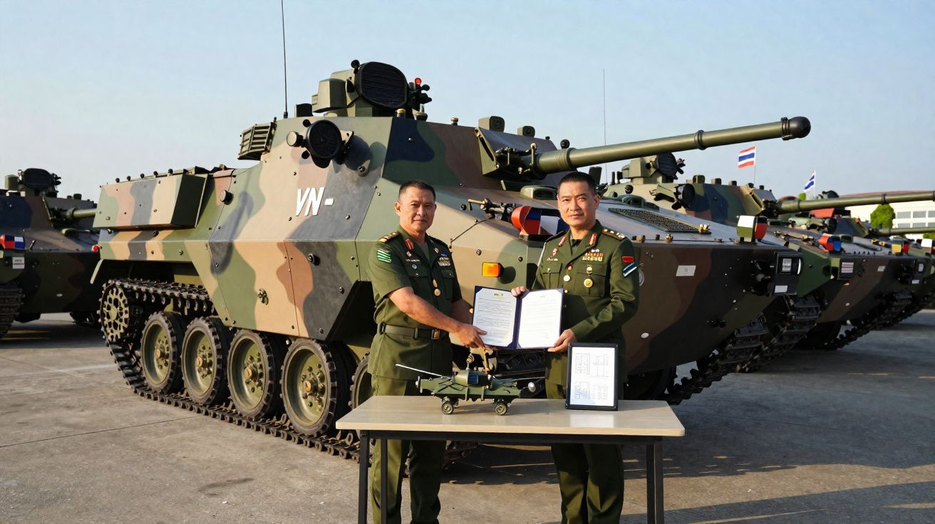 Dois militares em fardas verdes apertam mãos em frente a veículos blindados e uma mesa com documentos e modelo de helicóptero