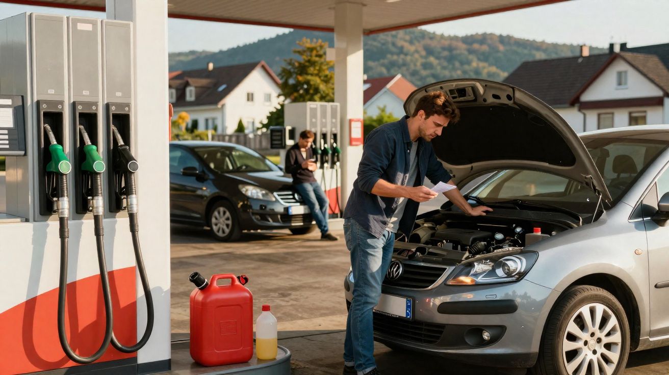 Homem a inspeccionar o motor do carro com capot aberto numa estação de serviço com outra pessoa ao fundo.