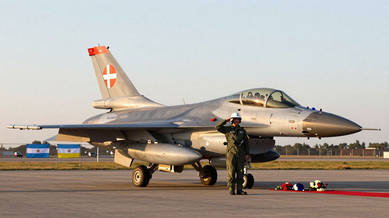 Caça F-16 da Força Aérea Dinamarquesa estacionado com piloto a fazer continência perto de flores no chão.
