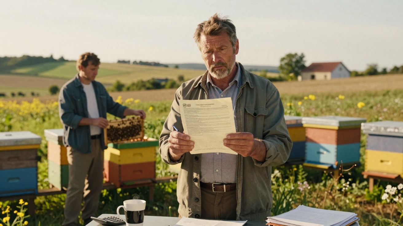 Homem lê documento junto a colmeias, enquanto outro homem mexe num quadro de mel no campo ao fundo.