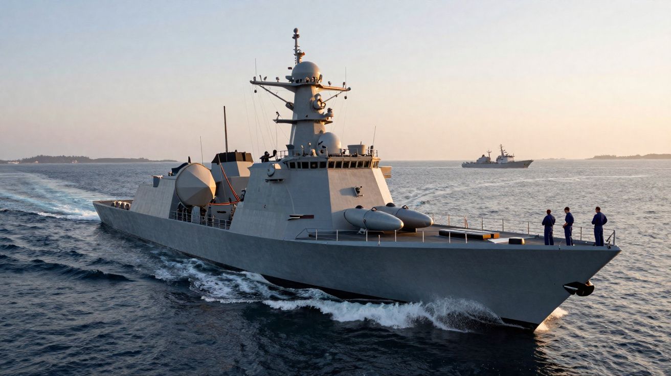 Fragata militar cinzenta a navegar no mar ao pôr do sol com três pessoas no convés da frente.