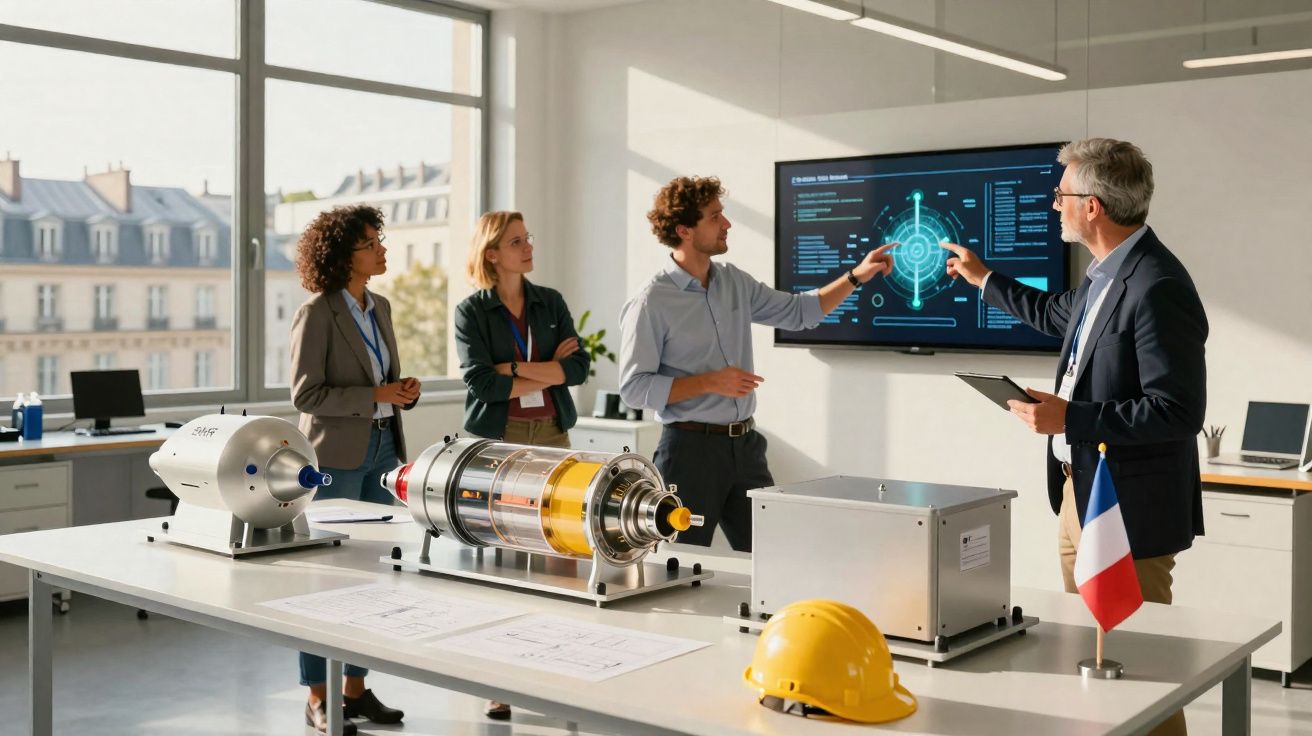 Quatro engenheiros analisam tecnologia avançada numa sala de reuniões, com protótipos e ecrã digital de fundo.