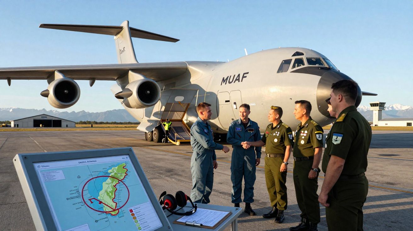 Militares cumprimentam-se perto de um avião militar cinzento estacionado num aeroporto com vista para uma mesa com mapa e equ