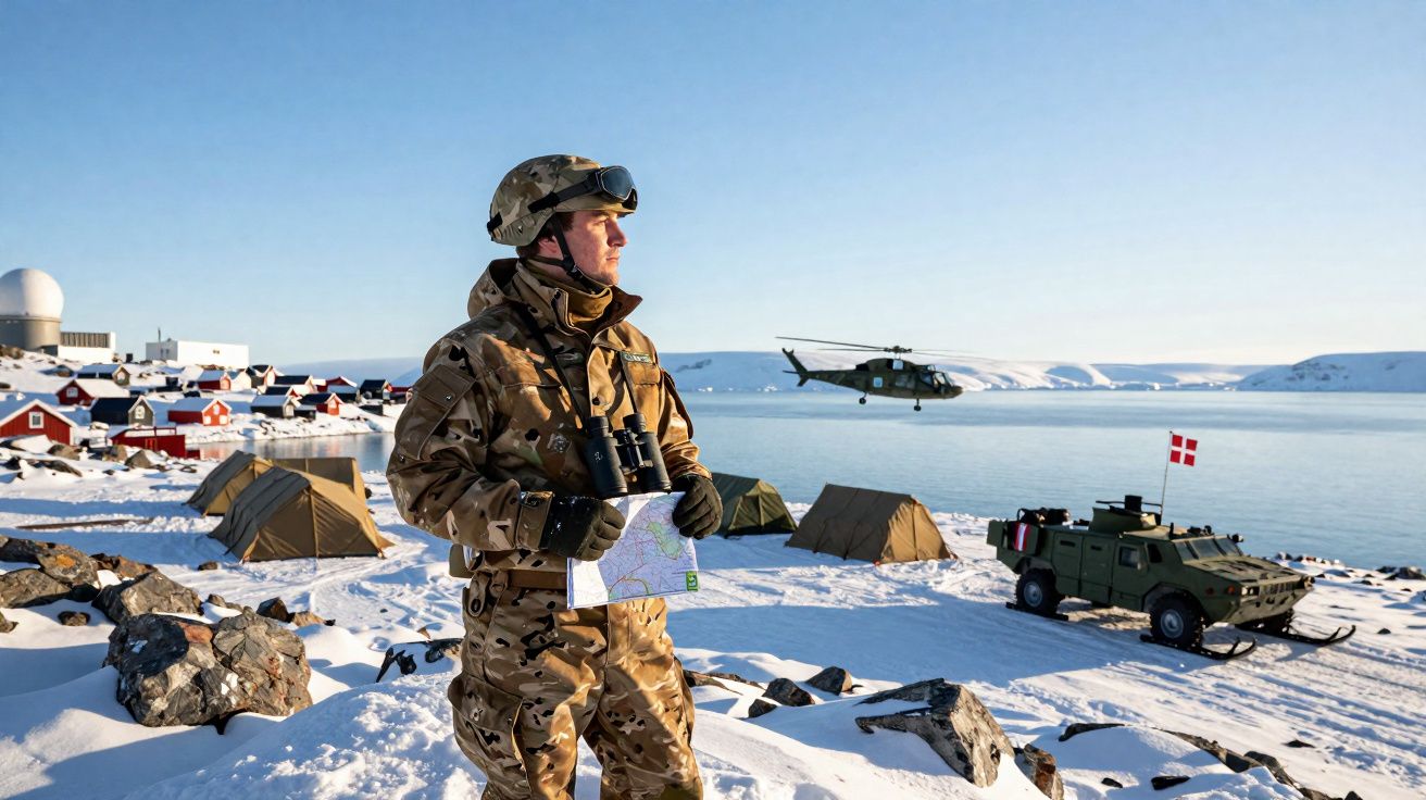 Soldado em uniforme camuflado, com binóculos e mapa, junto a tendas e veículos em paisagem nevada costeira.