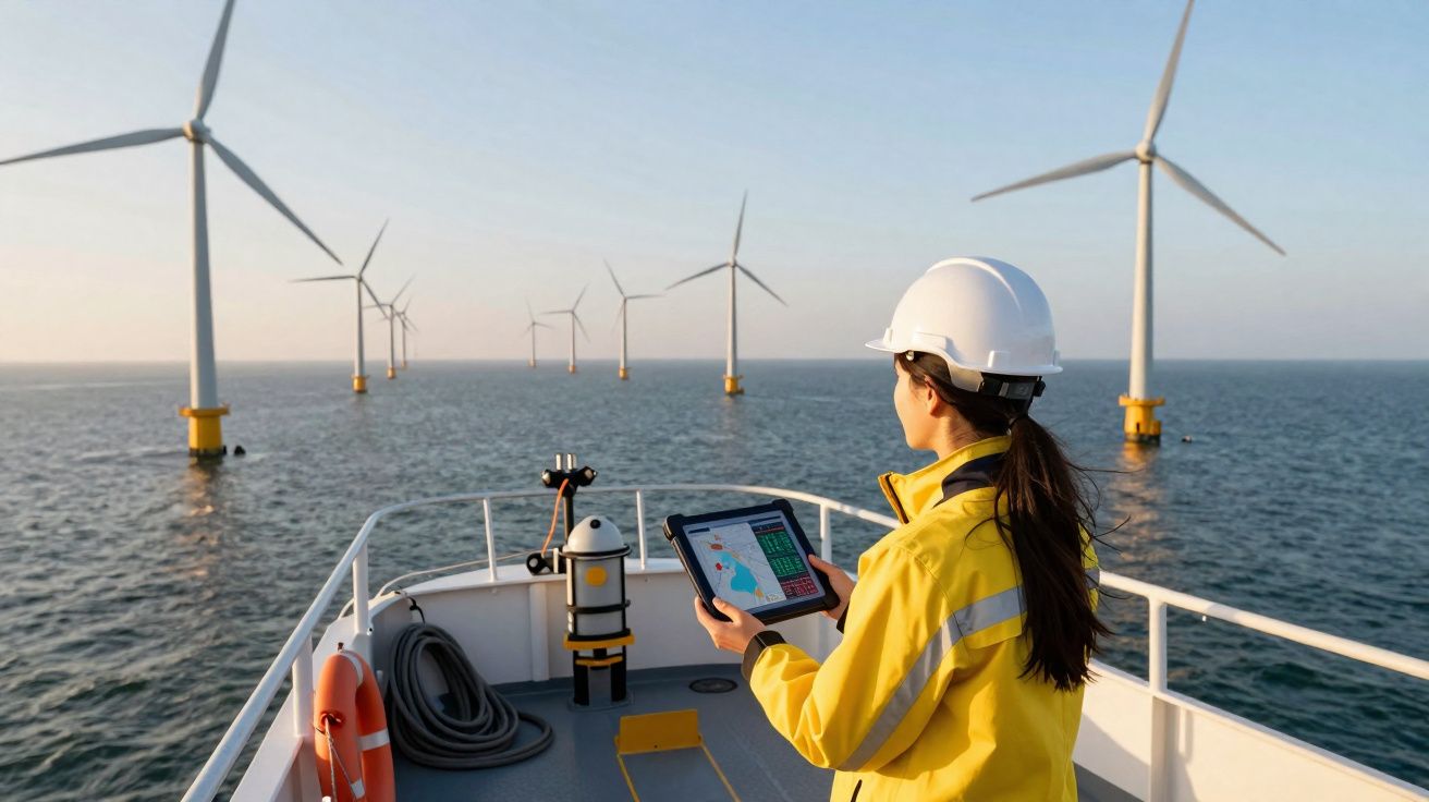 Mulher com capacete e casaco amarelo a operar tablet num barco perto de turbinas eólicas offshore ao pôr do sol.