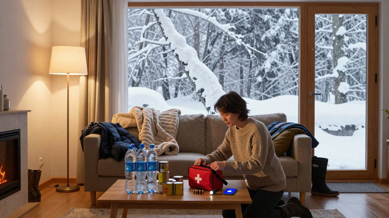Pessoa prepara kit de emergência com água e mantimentos num quarto acolhedor durante neve forte lá fora.