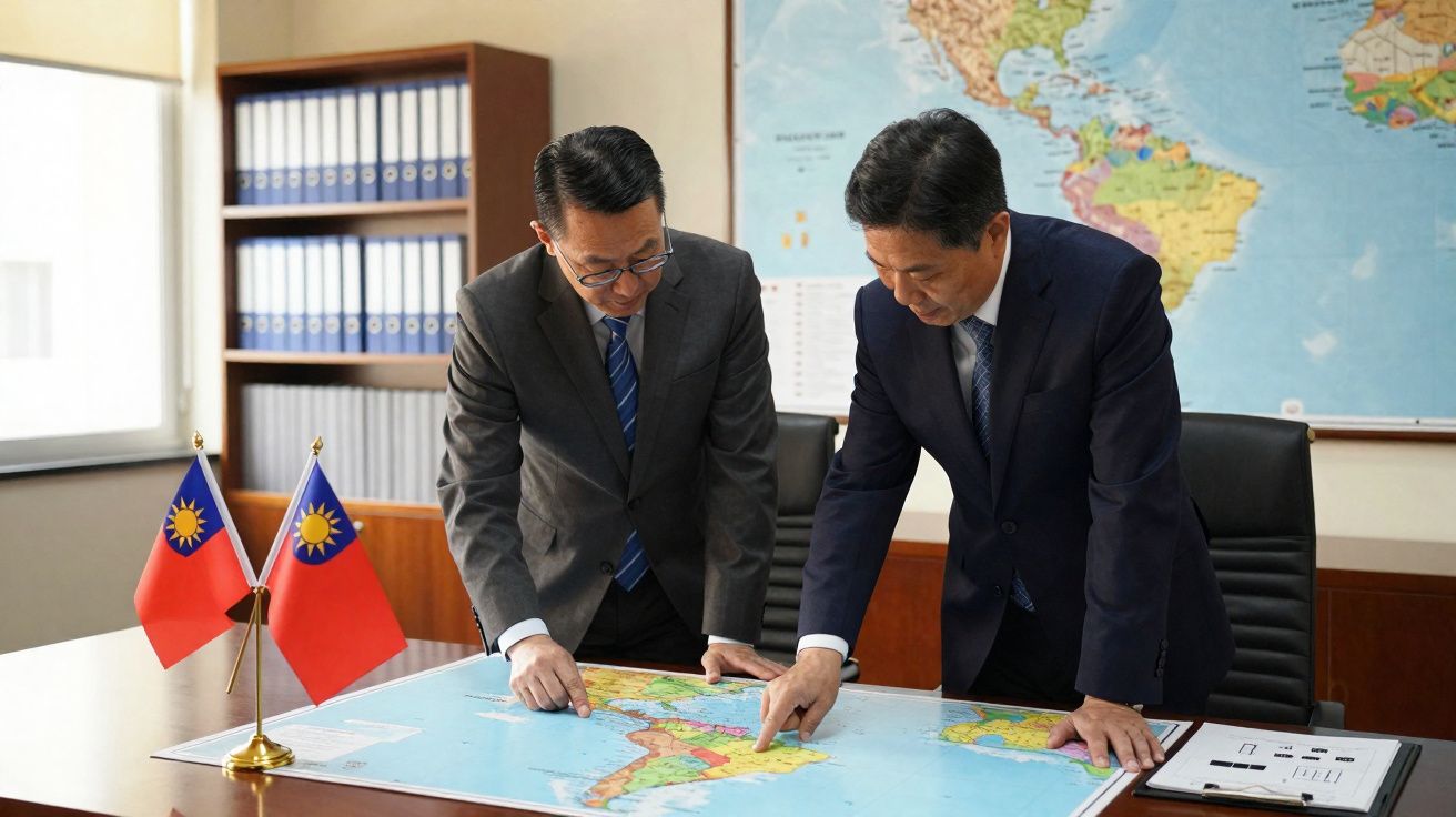 Dois homens em fato analisam um mapa sobre uma mesa com duas bandeiras de Taiwan ao lado.