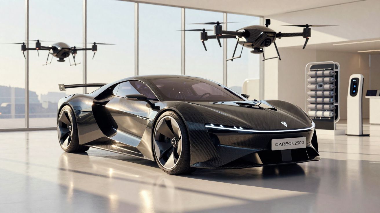 Carro desportivo futurista preto com acabamento em carbono e drones a sobrevoar num espaço interior moderno.