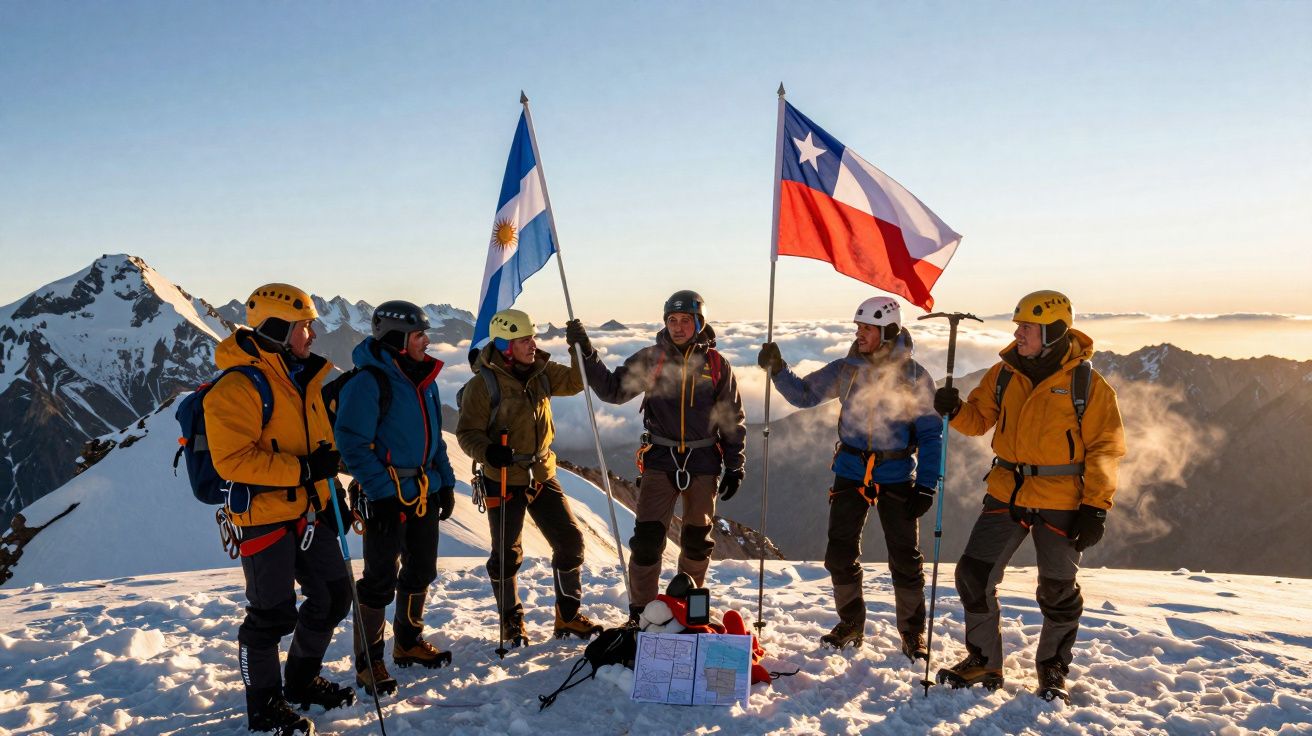 Grupo de alpinistas com bandeiras da Argentina e do Chile no cume de montanha nevada ao amanhecer.