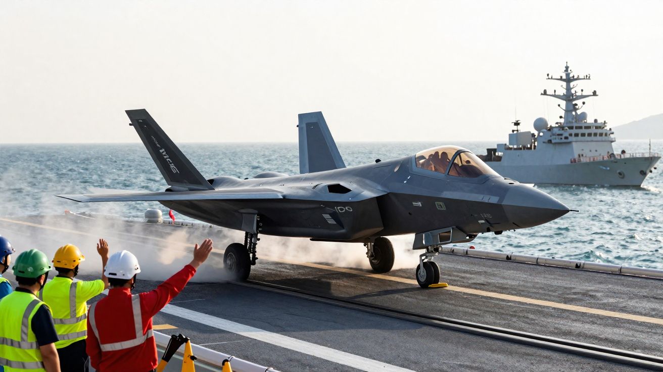 Caça F-35 decolando de porta-aviões com pessoal a coordenar manobra, navio militar ao fundo no mar.
