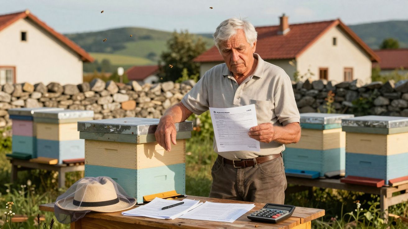 Homem idoso a analisar documentos junto a colmeias numa paisagem rural com montanhas ao fundo.