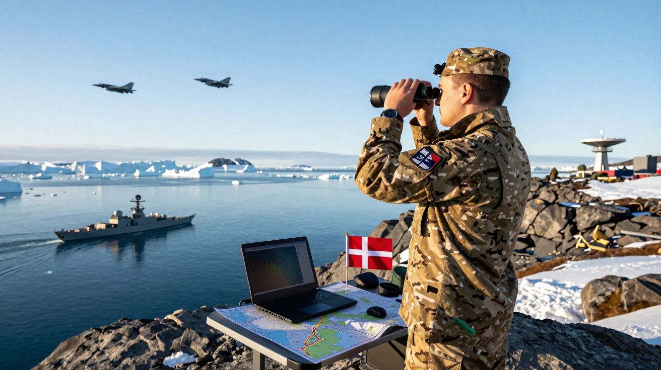 Soldado em uniforme camuflado observa dois aviões de combate no céu usando binóculos, perto de um mar com icebergs.