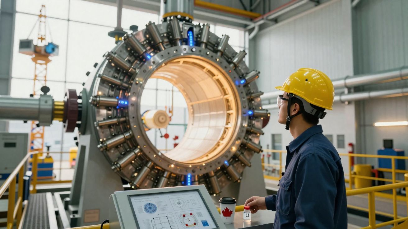 Engenheiro com capacete amarelo controla equipamento tecnológico avançado numa fábrica moderna.
