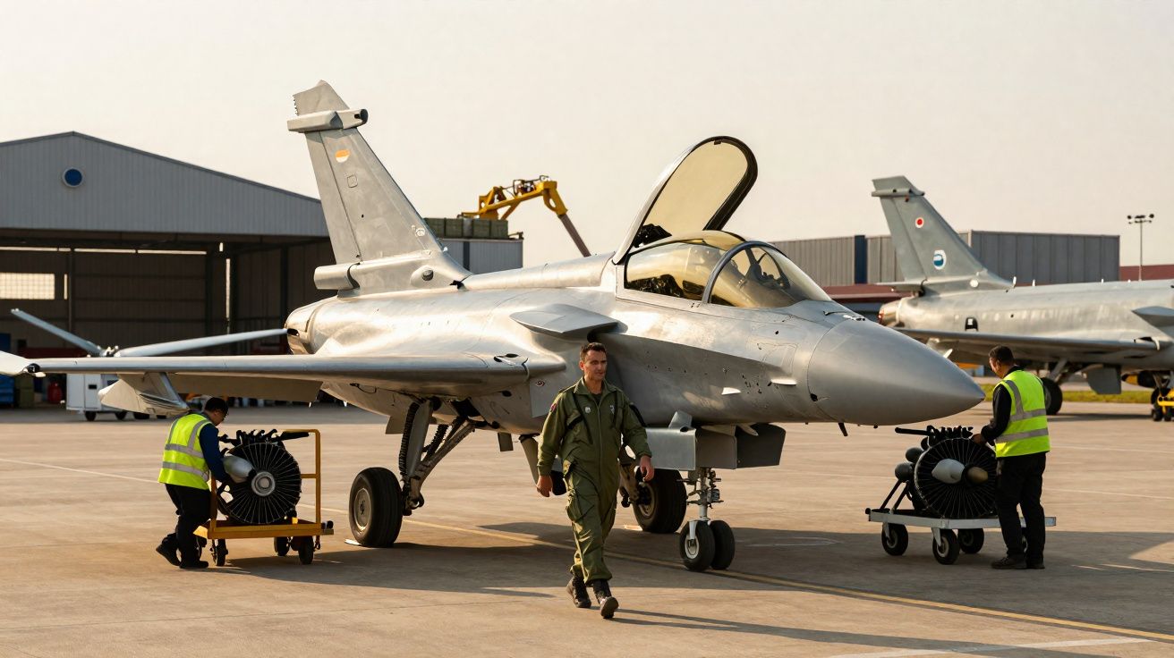 Caça militar estacionado no aeroporto com piloto e técnicos a transportar peças de motor.