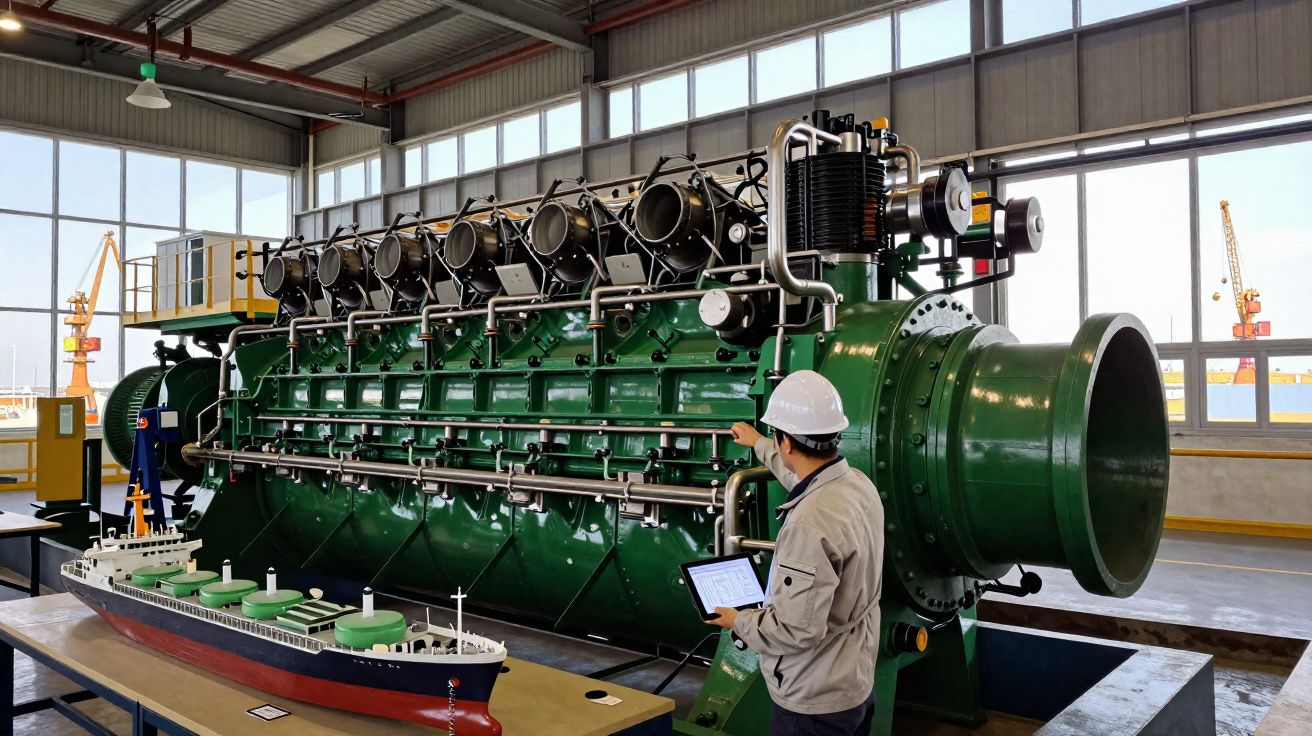 Homem com capacete a inspeccionar grande motor industrial verde numa fábrica com modelo de navio.