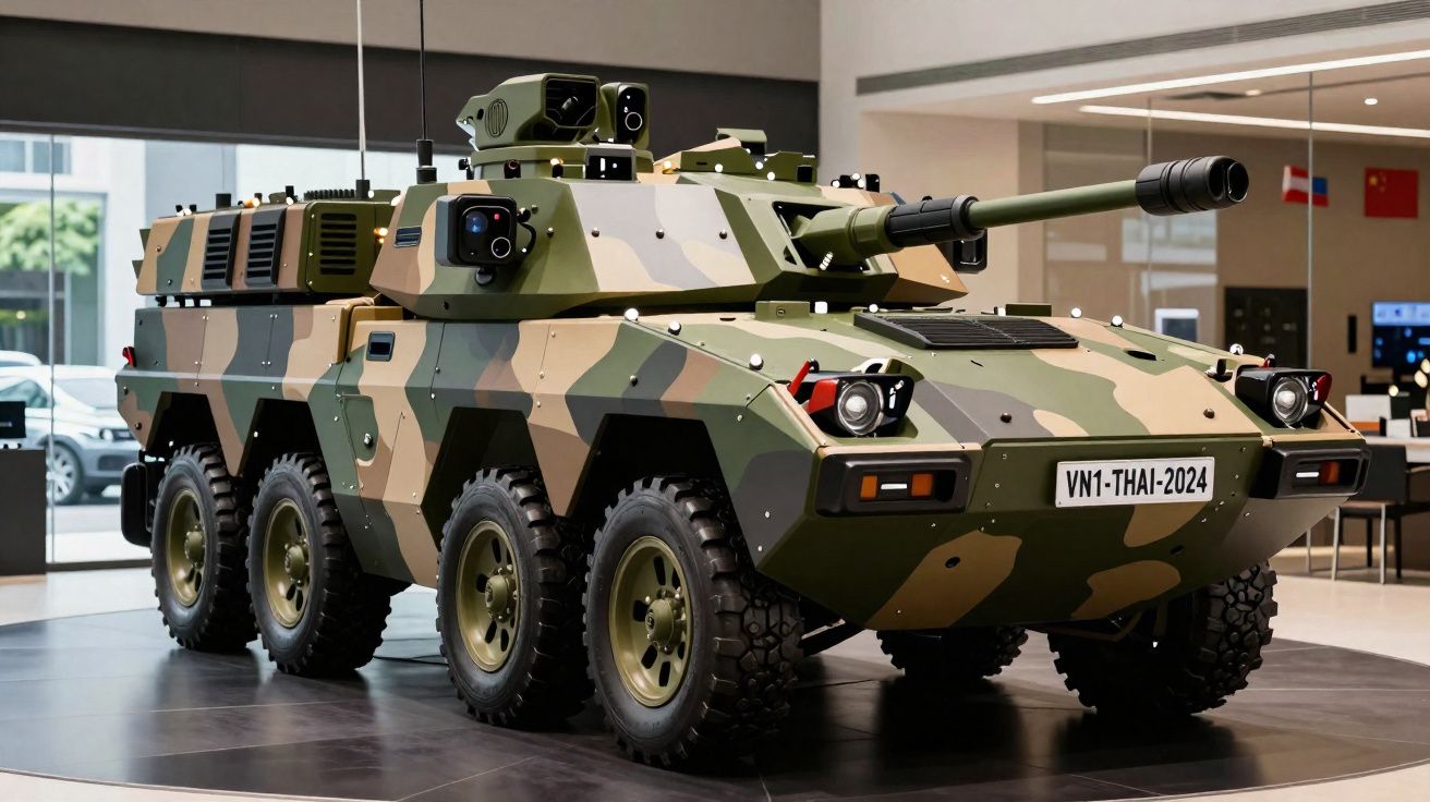 Blindado militar de oito rodas com camuflagem verde, castanha e preta exposto em interior moderno.