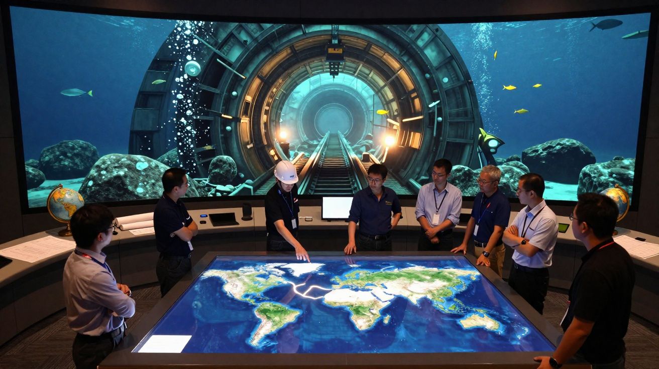 Grupo de pessoas reunidas em torno de mesa com mapa mundi digital e ecrã gigante com túnel subaquático.