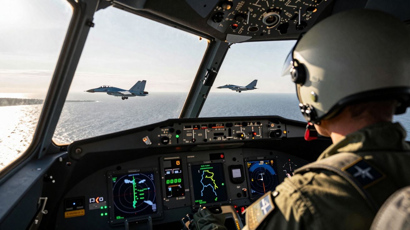 Piloto num cockpit moderno a sobrevoar o oceano com dois jatos militares próximos ao pôr do sol.