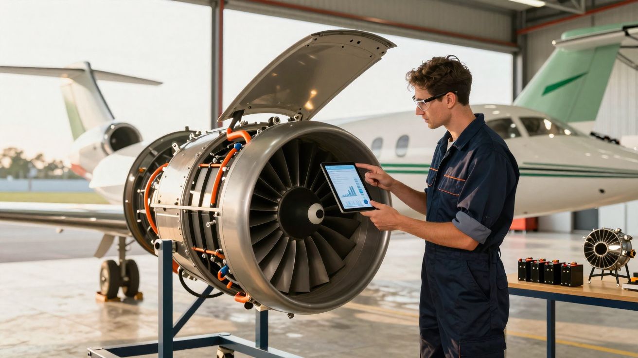 Técnico inspeciona motor de avião com tablet numa oficina de manutenção aérea.