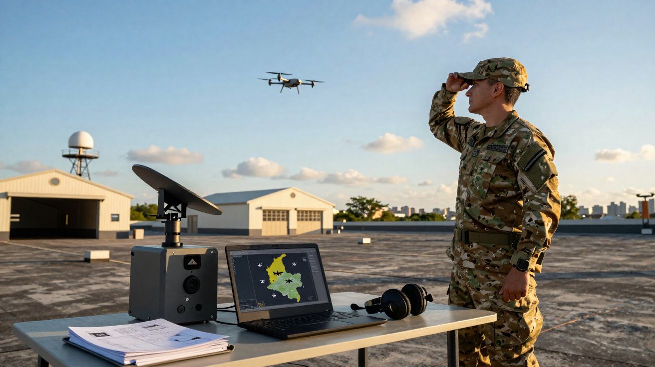 Soldado em uniforme militar observa drone no ar, com equipamento tecnológico numa mesa ao ar livre.