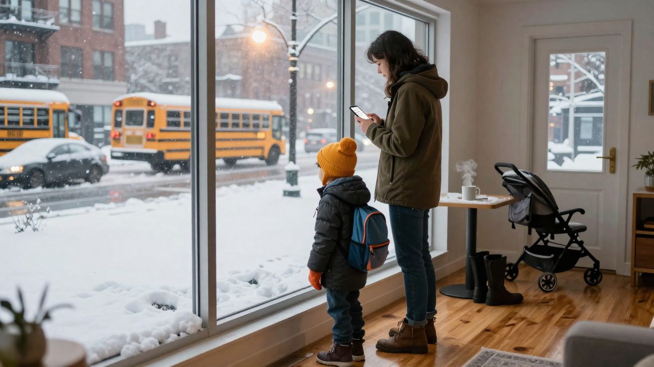 Mulher e criança de casacos observam a neve pela janela de uma casa com carrinho e chávena quente.