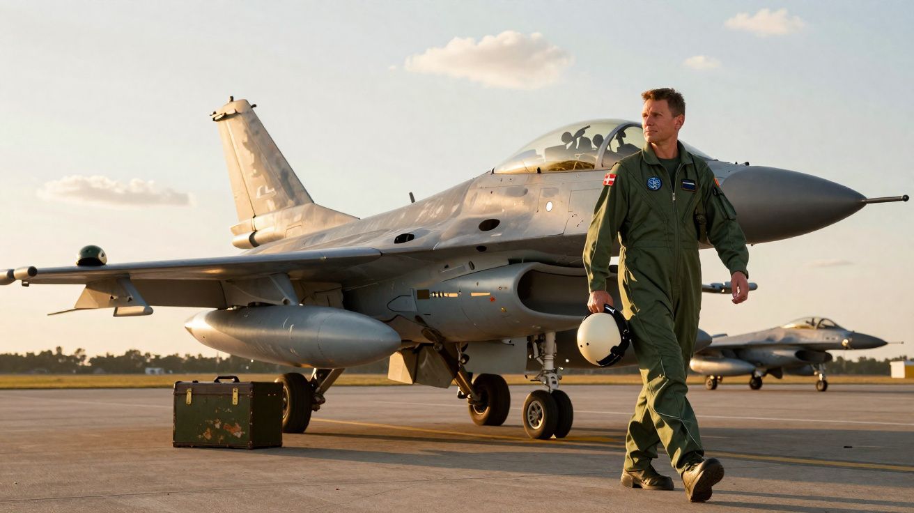 Piloto militar com fato verde e capacete na mão caminha próximo a caças estacionados ao pôr do sol.