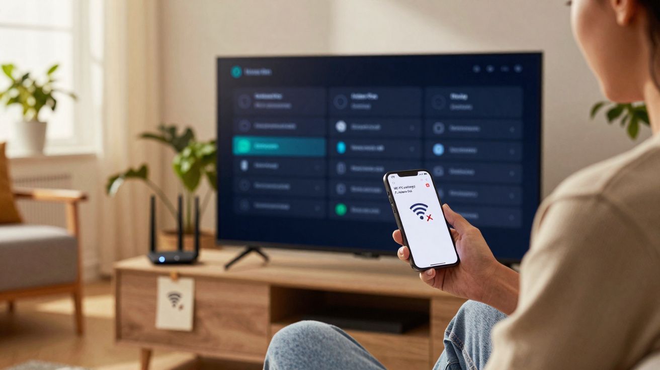Pessoa a segurar telemóvel com aviso de sem ligação Wi-Fi, televisão e router em fundo desfocado.