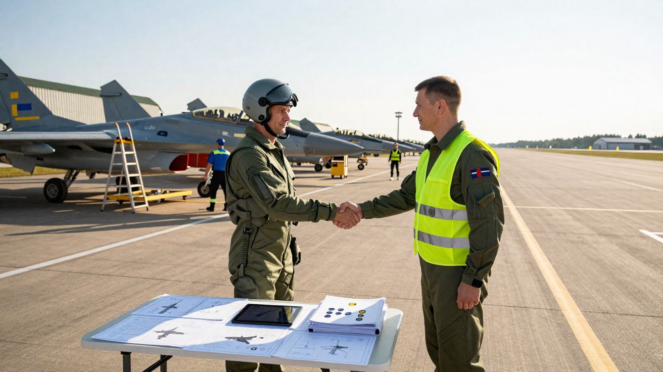 Dois pilotos militares apertam as mãos numa pista de descolagem com três caças ao fundo.