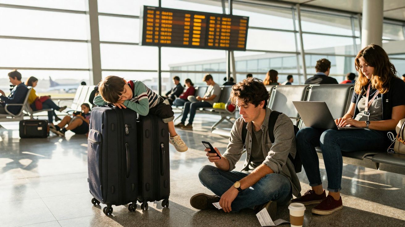 Criança adormecida em malas no aeroporto, homem sentado no chão a olhar para telemóvel, mulher a usar portátil.