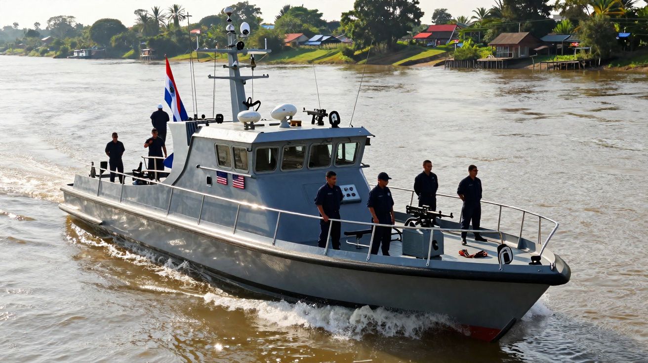 Embarcação militar cinzenta com seis tripulantes navegando num rio junto a uma vila ribeirinha.