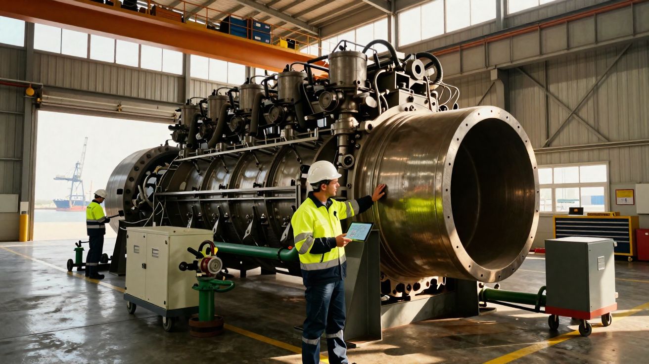 Engenheiro com tablet inspeciona motor industrial gigante numa oficina ampla, com outro trabalhador ao fundo.
