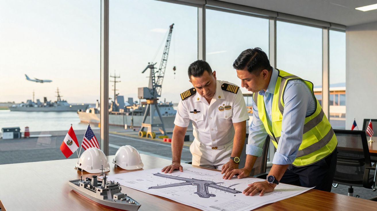 Dois homens a analisar plantas de engenharia naval numa sala com vista para o porto e navios.