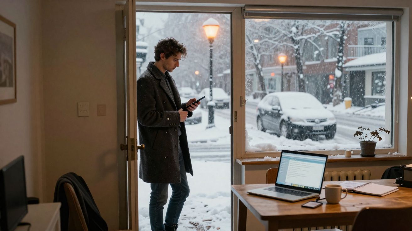 Homem de casaco longo na porta de uma casa com neve, usando telemóvel, com computador num escritório à sua frente.