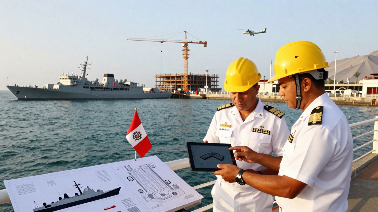 Dois oficiais navais com capacetes amarelos consultam tablet junto a plantas de navio numa doca com navio e avião ao fundo.
