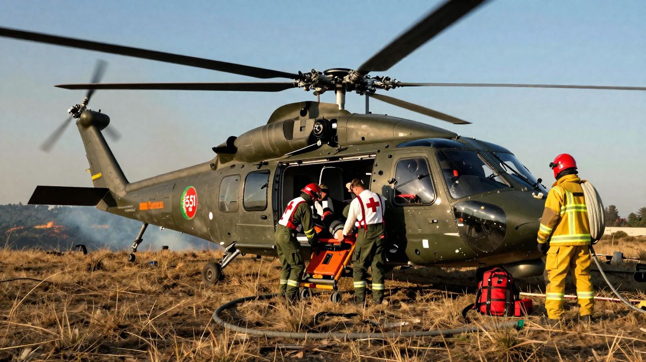 Helicóptero militar verde estacionado em campo seco com bombeiros e socorristas a carregar maca.