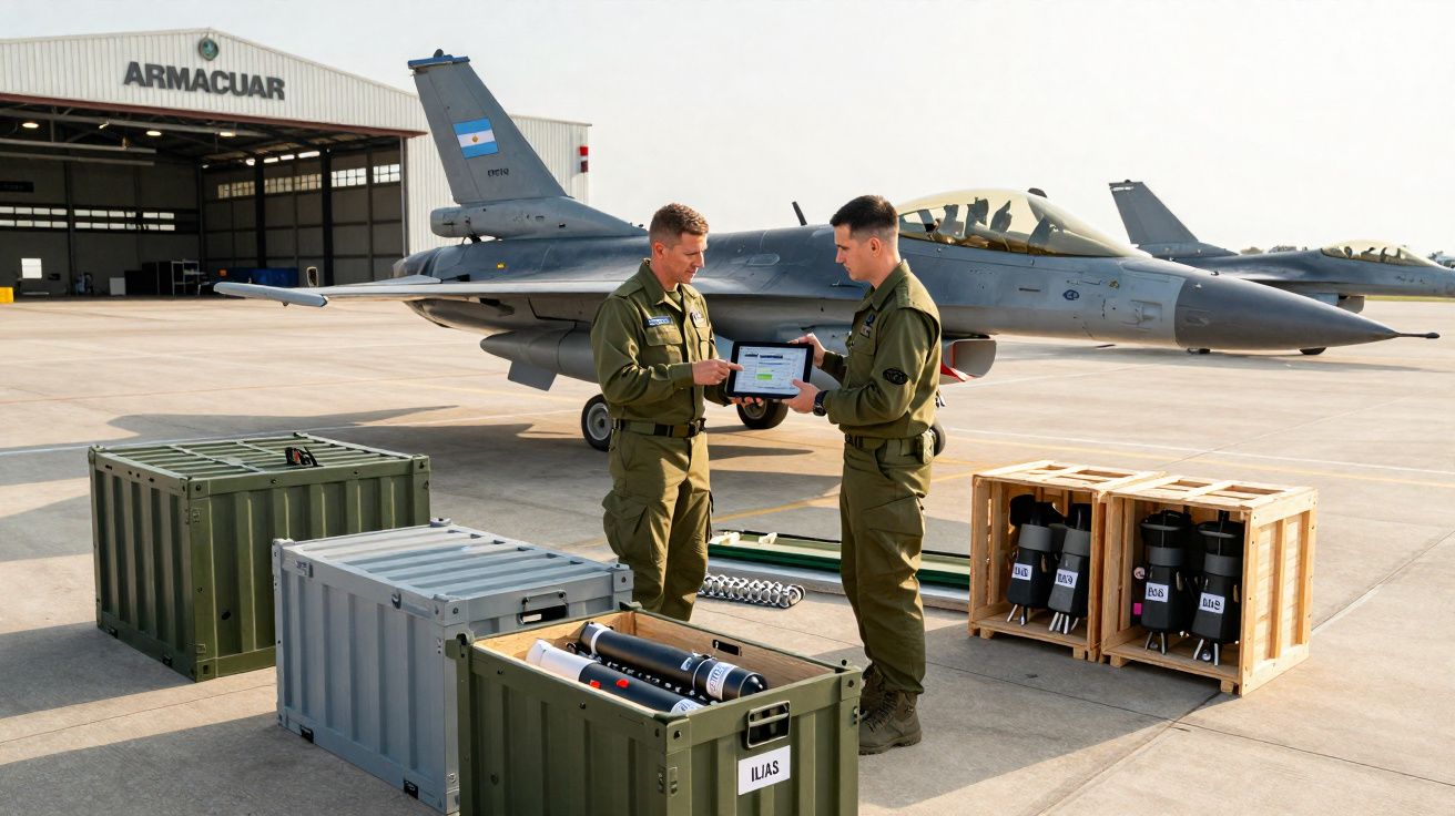 Dois militares junto a caixas com equipamento e um jato de combate na pista de um aeroporto militar.
