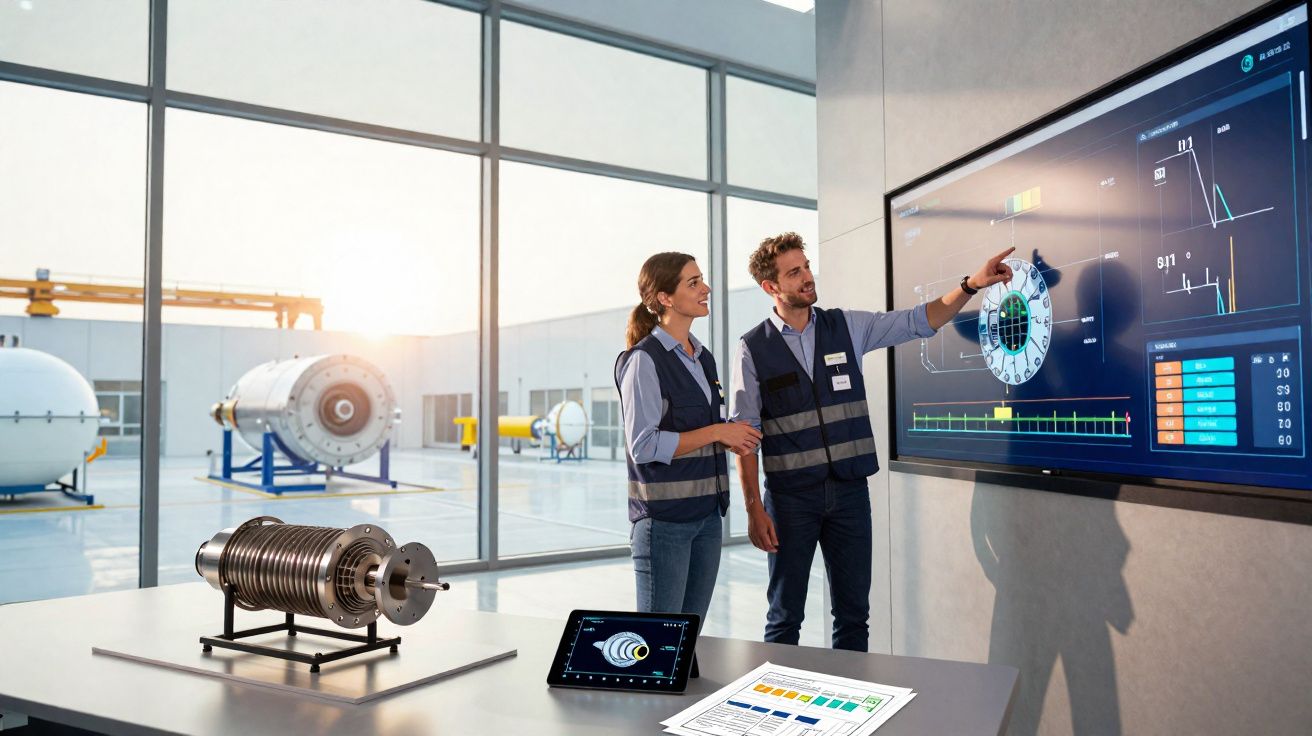 Dois engenheiros em coletes de segurança analisam gráficos técnicos numa grande tela interativa numa fábrica.