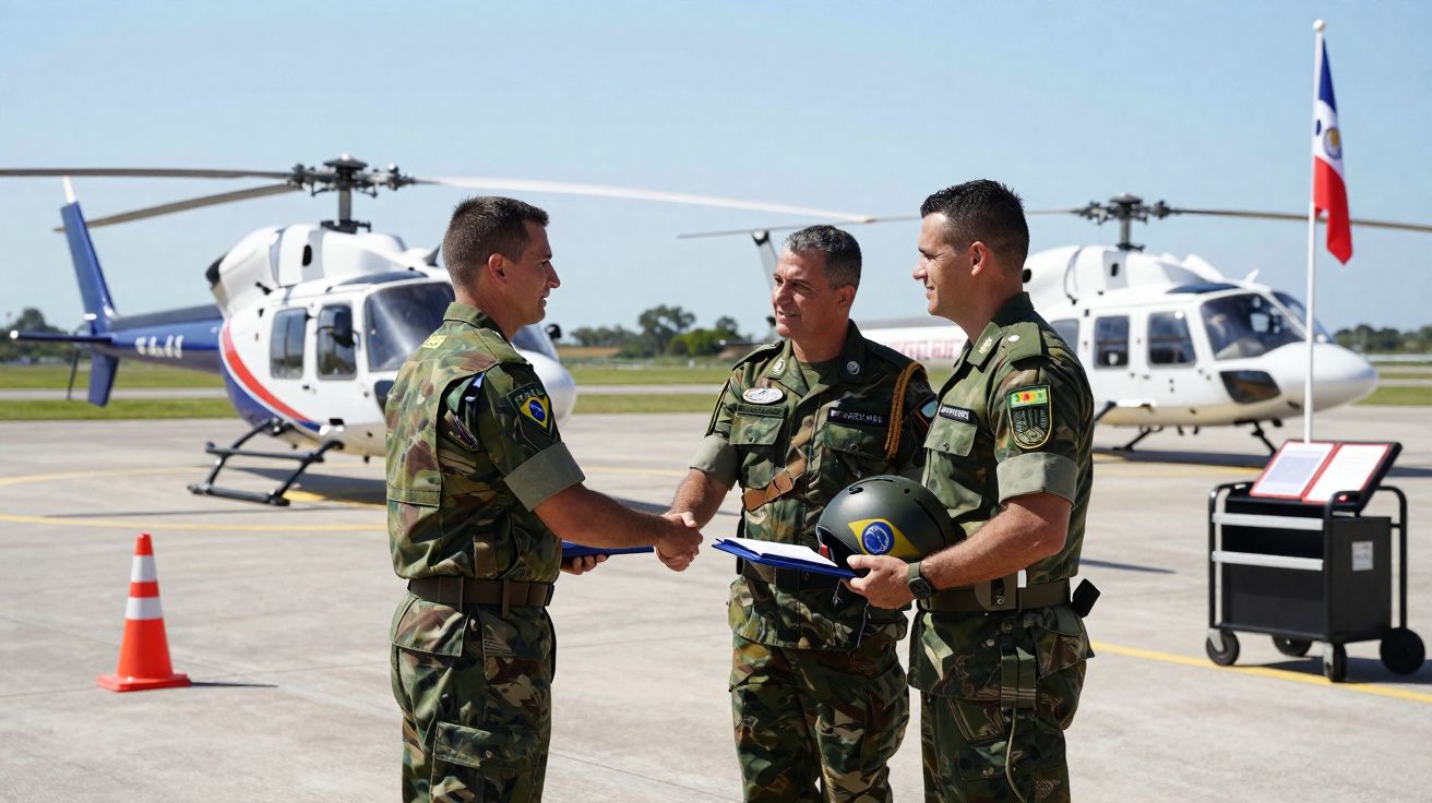 Três militares em uniforme verde cumprimentam-se junto a dois helicópteros brancos numa pista de aterragem.