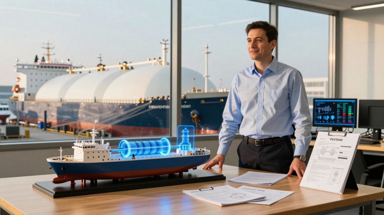 Homem em escritório com maqueta de navio com projeção holográfica, navio tanque visível pela janela.