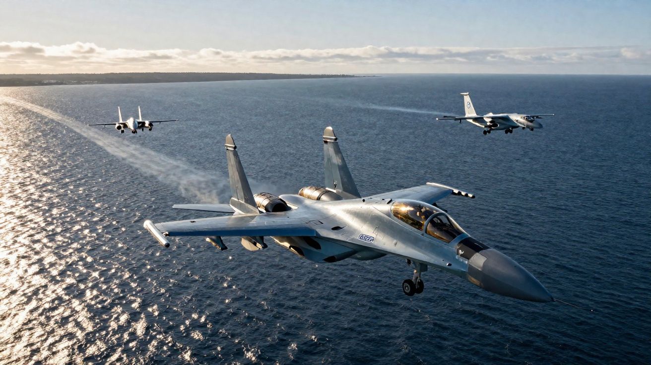 Três caças militares voando em formação sobre o oceano num dia claro com céu azul e poucas nuvens.