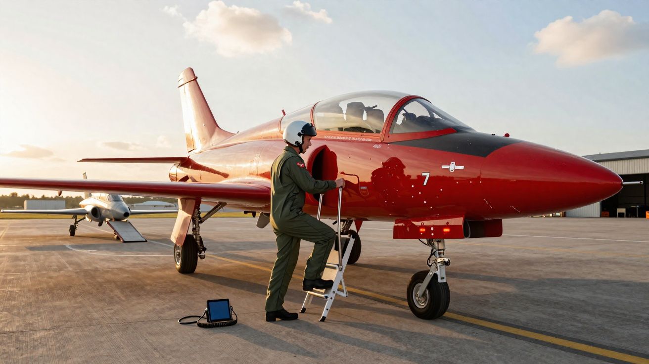 Piloto vestido de fato verde entra numa aeronave militar de caça vermelha num aeroporto ao pôr do sol.