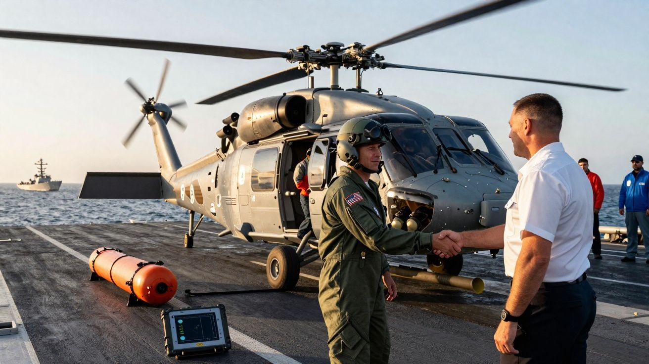 Militar em fato de voo cumprimenta homem em uniforme branco junto a helicóptero militar num porta-aviões no mar.
