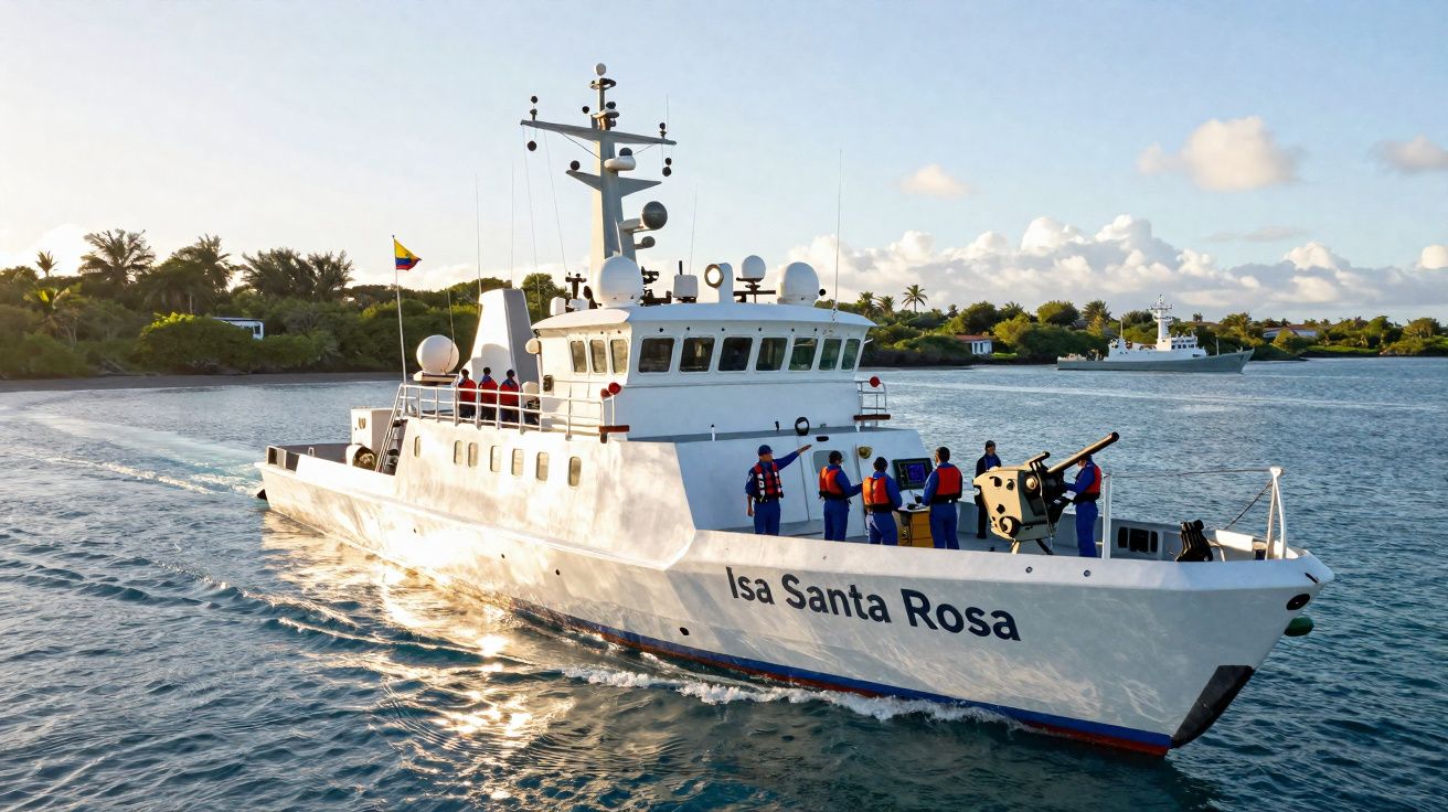 Navio branco Isa Santa Rosa com tripulação de coletes azuis navegando perto da costa verde sob céu limpo.