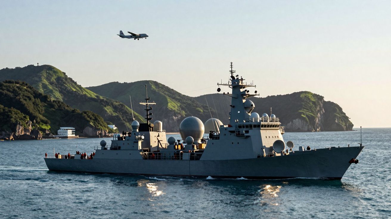 Navio de guerra a navegar no mar com avião em voo e ilhas verdes ao fundo sob céu limpo.