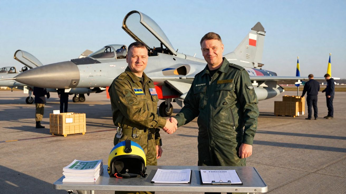 Dois pilotos militares a cumprimentarem-se à frente de um caça com capacete e documentos numa mesa.