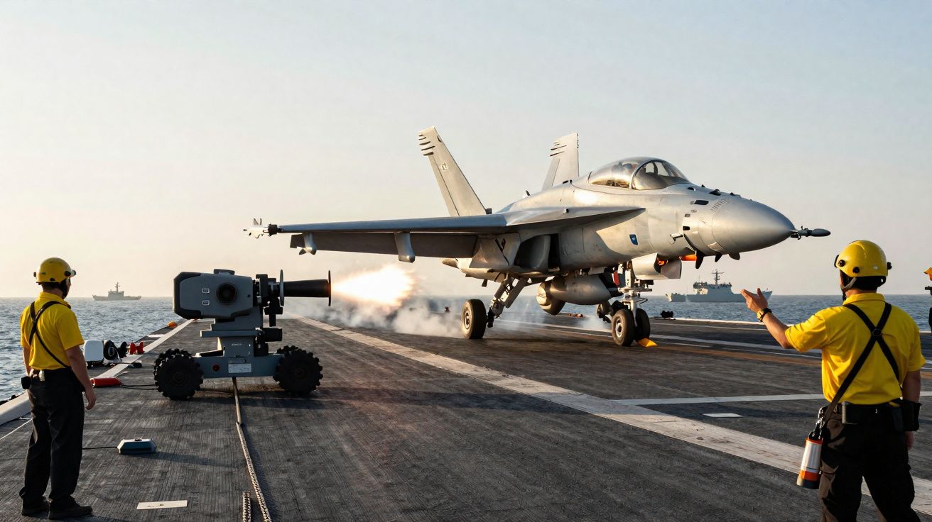 Caça a jato a descolar de porta-aviões com pessoal de controlo em sinalização no convés.