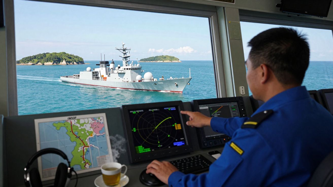 Oficial naval em uniforme azul monitoriza radar numa ponte de comando com navio militar no mar ao fundo.