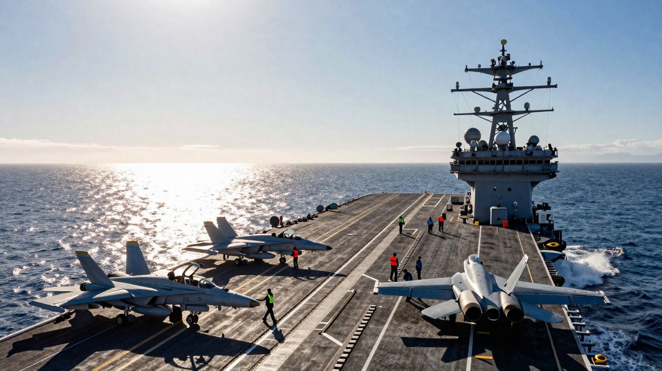 Porta-aviões no mar com três aviões de combate estacionados e tripulantes a caminhar na pista de voo ao pôr do sol.