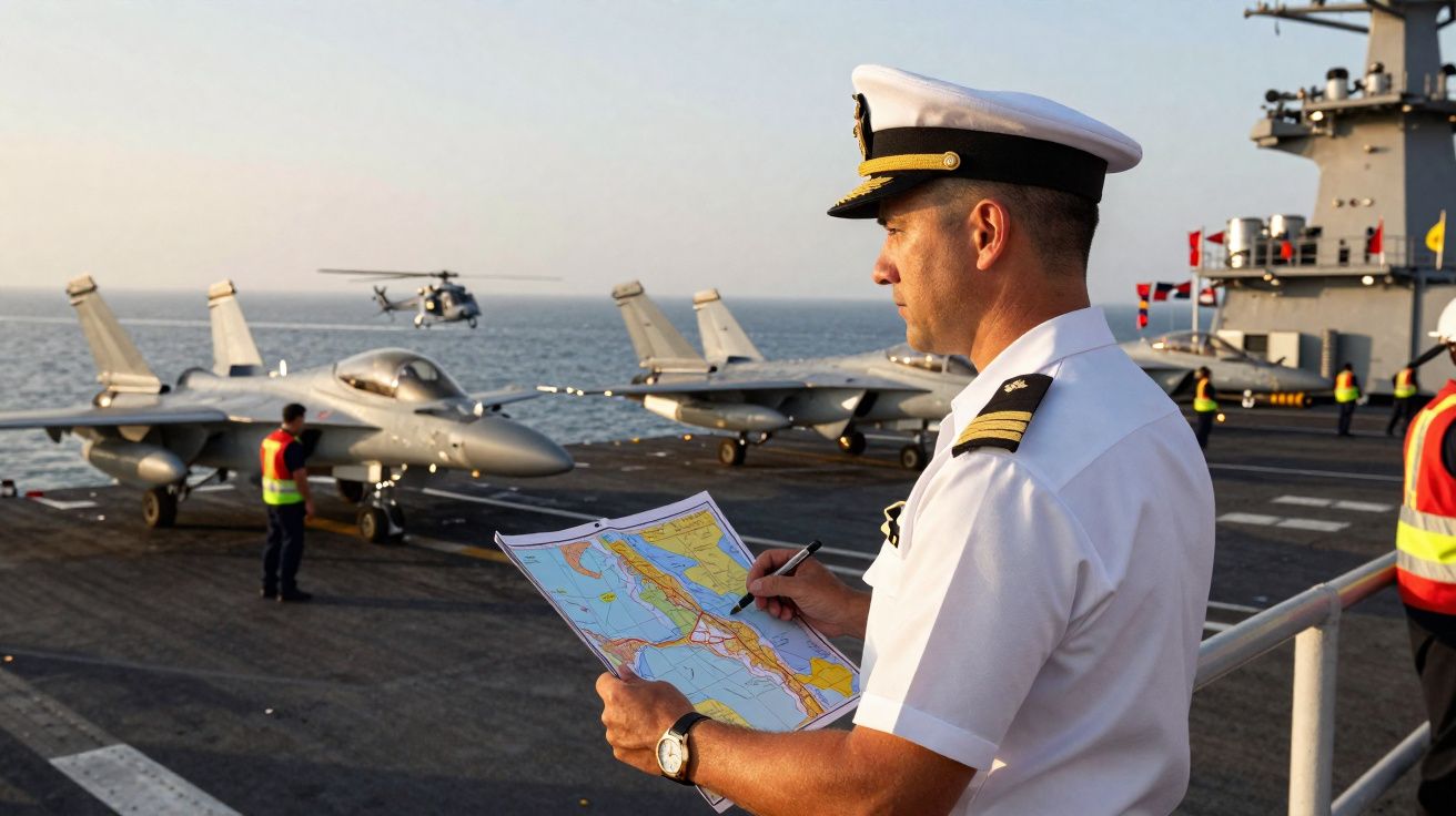 Capitão naval a bordo de porta-aviões consulta mapa com aviões de combate e helicóptero ao fundo no mar.